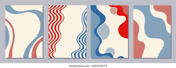 Set of flyers, posters, banners, placards, brochure design templates A6 size. Graphic design vector color templates with smooth wavy red and blue shapes and stripes. Vector geometric backgrounds.