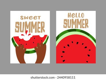 Set of flyers, posters, banners, placards, cards, brochures design. A slice of watermelon in the hands. Texture of watermelons with seeds. Summer vector illustration.