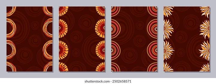 Set of flyers, posters, banners, placards, brochure design templates A6 size with stylized sun and flowers. Tribal ornaments of red, yellow, brown, beige colors. Cards. Australian, Aboriginal art.