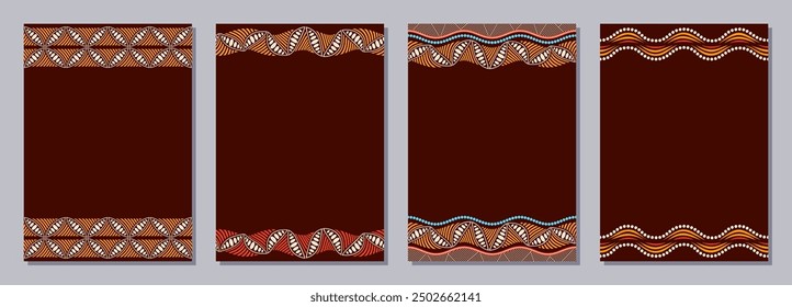 Conjunto de volantes, carteles, Anuncios, carteles, Plantillas de diseño de folletos tamaño A6 con adornos tribales étnicos. Colores amarillo, marrón, beige, naranja. Plantillas de Vector de tarjeta o volante. Ilustración vectorial.