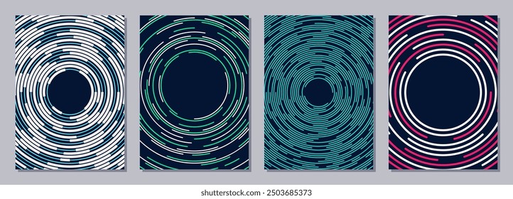 Set of flyers, posters, banners, placards, brochure design templates A6 size. Graphic design vector templates with color concentric segments of circles. Vector geometric color backgrounds.