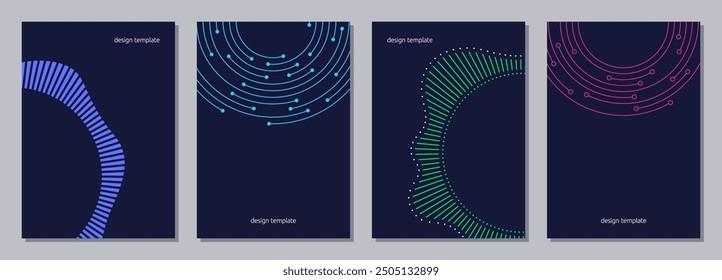 Set of flyers, posters, banners, placards, brochure design templates A6 size. Graphic design vector templates with color radial concentric particles. Infographic elements. Vector geometric color backg
