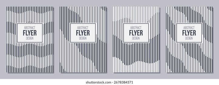 Conjunto de volantes, carteles, Anuncios, carteles, Plantillas de diseño de folletos tamaño A6. Plantillas de Diseño gráfico con rayas de Vertical negras, líneas. Textura ondulada. Fondos de rayas blancas y negras de Vector.
