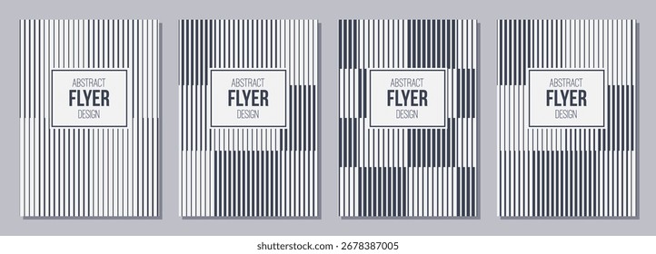 Conjunto de folhetos, cartazes, banners, cartazes, modelos de design de brochura tamanho A6. Modelos de design gráfico com faixas verticais pretas, linhas. Formas geométricas listradas. Planos de fundo preto e branco vetoriais.