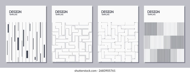 Set of flyers, posters, banners, placards, brochure design templates A6 size. Graphic design templates with geometric patterns. Thin lines backgrounds. Vector black and white covers.