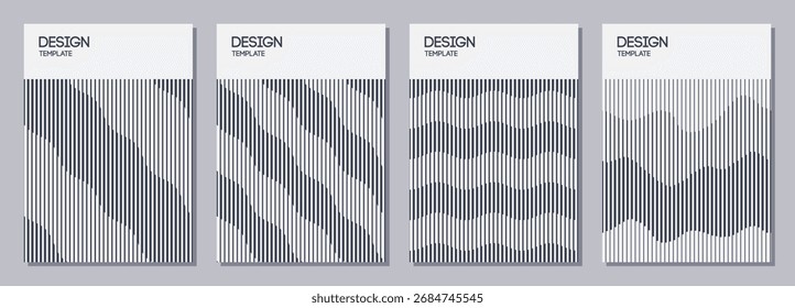 Set of flyers, posters, banners, placards, brochure design templates A6 size. Graphic design templates with black vertical stripes, lines. Wavy texture. Vector black and white striped backgrounds.