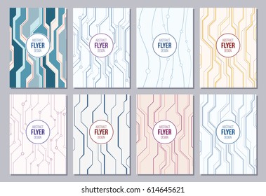 Set of flyers, posters, banners, placards, brochure or magazine covers template A6 size. Abstract geometric backgrounds with lines and circles. Vector color background in high tech style.