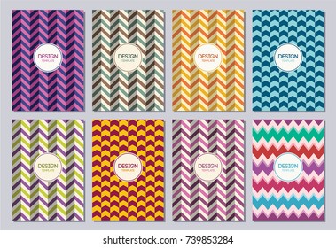 Set of flyers, posters, banners, placards, brochure design templates A6 size. Graphic design templates for logo, labels and badges. Abstract geometric backgrounds. Retro zigzag backgrounds.