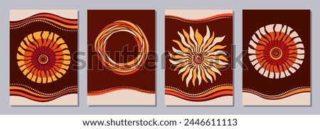Set of flyers, posters, banners, placards, brochure design templates A6 size with stylized sun, tribal ornaments of orange, yellow, brown, beige colors. Card templates. Australian, Aboriginal art.
