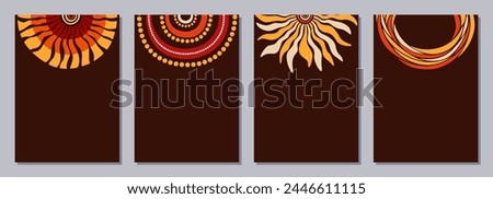 Set of flyers, posters, banners, placards, brochure design templates A6 size with stylized sun, tribal ornaments of orange, yellow, brown, beige colors. Card templates. Australian, Aboriginal art.