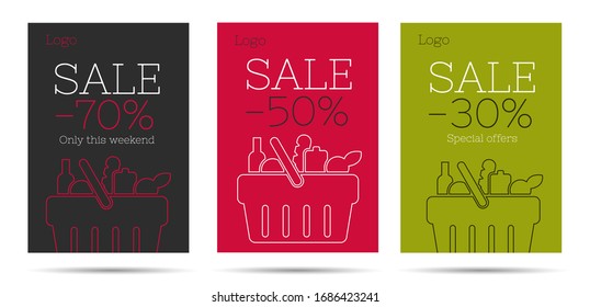 Juego de volantes o afiches para tienda de comestibles con cesta de compras de mercado llena de comida, simple gráfico moderno con porcentaje de descuento venta