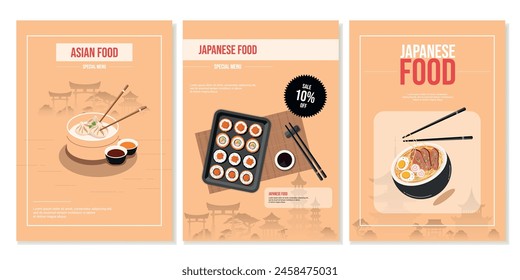 Set of flyers, posters with Japanese, Chinese food, rolls, ramen soup, dumplings. Banner, restaurant advertising, discount, sale. Vector