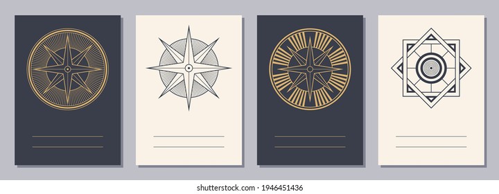 Set of flyers, posters, placards, brochure design templates A6 size with geometric icons. Compass logo. Mystic mandala. Sacred geometry. Vertical blanks with sacral geometric signs. Esoteric symbols.