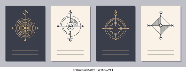 Conjunto de volantes, carteles, carteles, plantillas de diseño de folletos tamaño A6 con iconos geométricos. Símbolos de magia, alquimia, espiritualidad, ocultismo, Blancos verticales con signos geométricos sacrales.