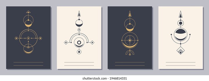 Set of flyers, posters, placards, brochure design templates A6 size with geometric icons. Symbols of magic, alchemy, spirituality, occultism. Vertical blanks with sacral geometric signs.