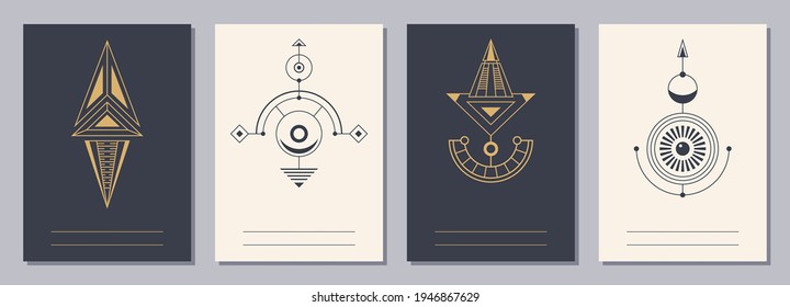 Set of flyers, posters, placards, brochure design templates A6 size with geometric icons. Symbols of magic, alchemy, spirituality, occultism. Vertical blanks with sacral geometric signs.