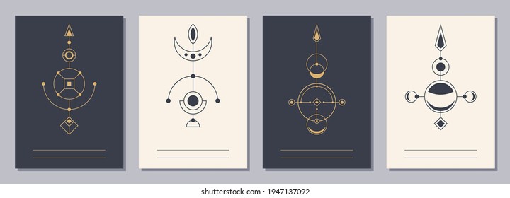 Set of flyers, posters, placards, brochure design templates A6 size with geometric icons. Symbols of magic, alchemy, spirituality, occultism. Vertical blanks with sacral geometric signs.
