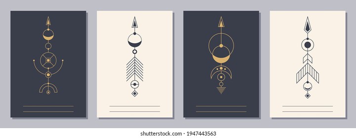 Set of flyers, posters, placards, brochure design templates A6 size with geometric icons. Symbols of magic, alchemy, spirituality, occultism. Vertical blanks with sacral geometric signs.