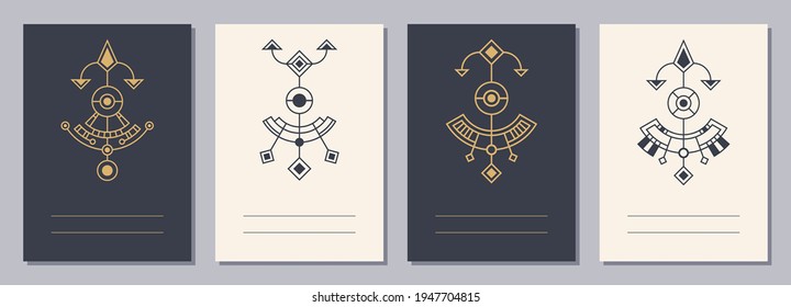 Set of flyers, posters, placards, brochure design templates A6 size with geometric icons. Symbols of magic, alchemy, spirituality, occultism. Vertical blanks with sacral geometric signs.