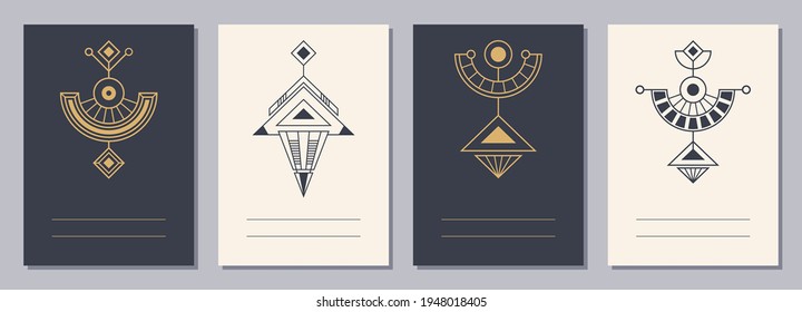Set of flyers, posters, placards, brochure design templates A6 size with geometric icons. Symbols of magic, alchemy, spirituality, occultism. Vertical blanks with sacral geometric signs.