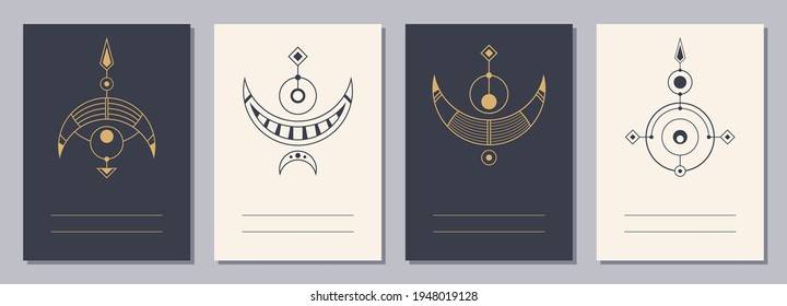 Set of flyers, posters, placards, brochure design templates A6 size with geometric icons. Symbols of magic, alchemy, spirituality, occultism. Vertical blanks with sacral geometric signs.