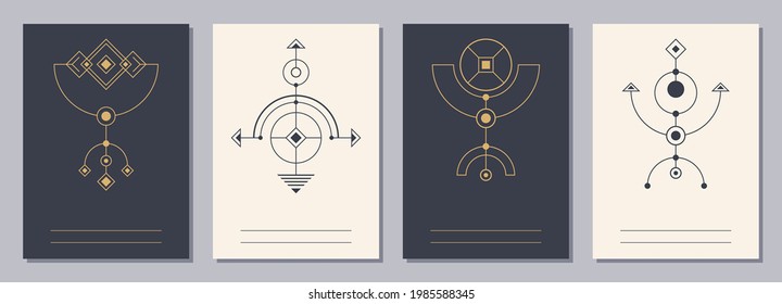 Set of flyers, posters, placards, brochure design templates A6 size with geometric icons. Symbols of magic, alchemy, spirituality, occultism. Vertical blanks with sacral geometric signs.
