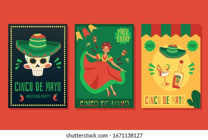 Set of flyers and posters for a traditional Mexican holiday Cinco de Mayo. Set of posters and banners for celebration and party Cinco de mayo. Flat cartoon vector illustration.