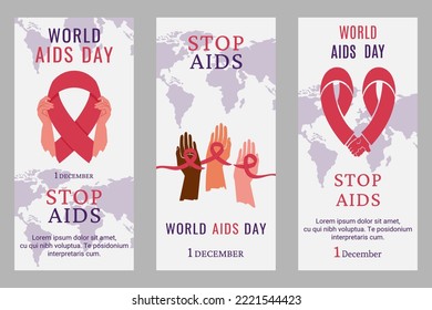 Set of flyers, posters for World Aids day. Human hands of different colour and nationality holding red ribbon. Earth, lettering, elements for any purposes. Support for hiv infected people. Vector