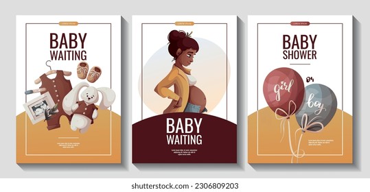 Juego de volantes con mujer embarazada, enterizo, conejito de lujo, foto de bebé con ultrasonido. Maternidad, embarazo, ducha de bebé, concepto de espera de bebé. Ilustración vectorial A4 para afiches, banner, publicidad.