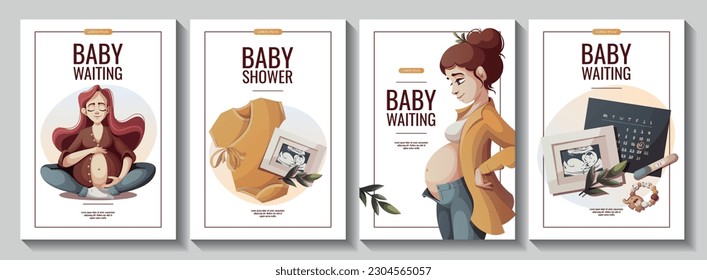 Set of flyers with pregnant women, baby clothes, monthly calendar, ultrasound baby picture, Positive pregnancy test. Motherhood, Pregnancy, baby waiting concept. A4 Vector illustrations.