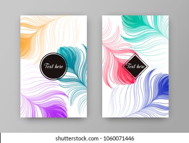 Set of flyers with print of colorful peacock feathers