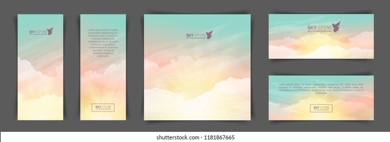 A set of flyers with realistic turquoise-yellow sky and cumulus clouds. The image can be used to design a banner and postcard.