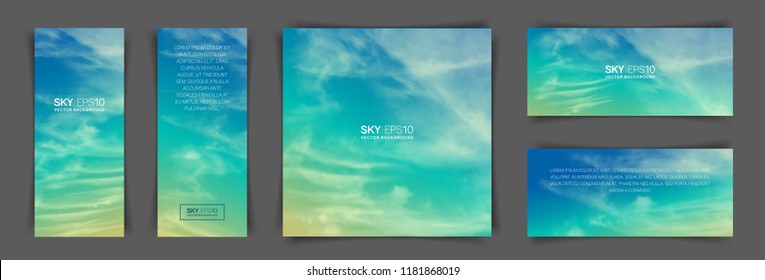 A set of flyers with realistic turquoise-yellow sky and spindrift clouds. The image can be used to design a flyer and postcard.