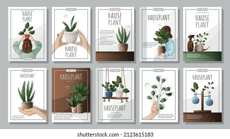 A set of flyers for the sale of houseplants, home garden, gardening, plant lovers, the concept of a houseplant store, greenhouse, flower shop, houseplant sales	