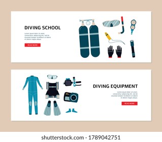 Set of flyers for scuba diving school and diving underwater equipment store, flat vector illustration. Water extreme and diving sport activity posters or banners.