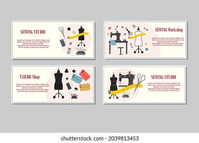 A set of flyers for a sewing workshop. Scenes with tailor tools - a mannequin, a sewing machine, threads and needles and other elements. Vector illustration. For tailor, sewing shops and handicrafts