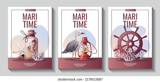 Set of flyers with Ship's steering wheel, seagull, sand bottle. Maritime, sea coast, marine life, nautical concept. Vector illustration.