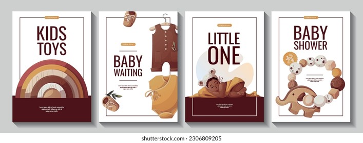 Set of flyers with sleeping baby girl, bodysuit, rainbow. Newborn, Childbirth, Baby shower, babyhood, childhood concept. A4 Vector illustration for poster, banner, advertising, cover.