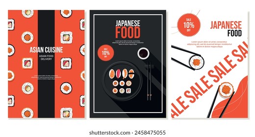 Conjunto de volantes para redes sociales con comida japonesa, rollitos, sopa de ramen. Menú, comida asiática, publicidad en restaurantes. Anuncio, promoción, venta. Vector