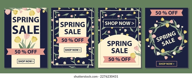 Set of flyers for spring sales. A4 vector illustration for poster, banner, flyer, advertising, promo, commercial. Floral polygraphy on dark blue background for advertising leaflets.Tulips price label 