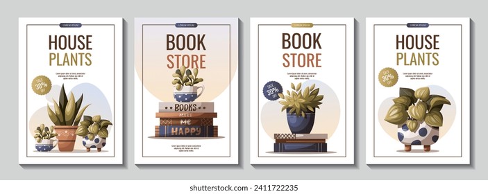 Set of Flyers with Stack of books and potted plants. Bookstore, bookshop, book lover, reading, interior concept. Vector illustration for banner, promo, poster.