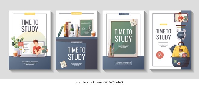 Set of flyers with study supplies for Studying, education, learning, back to school, student, stationery. A4 vector illustration for poster, banner, flyer, advertising.