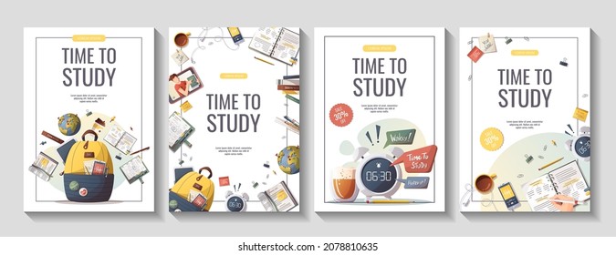 Set of flyers with study supplies for Studying, education, learning, back to school, student, stationery. A4 vector illustration for poster, banner, flyer, advertising.