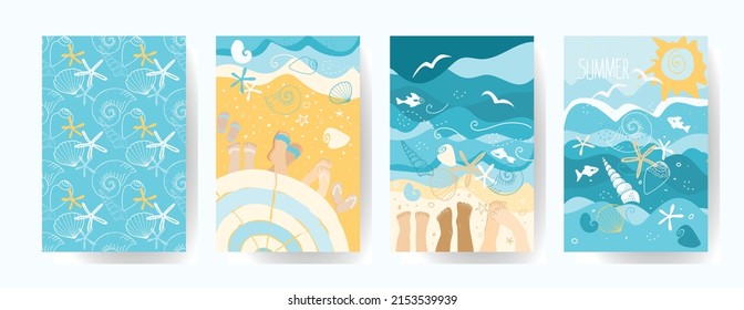 Set of flyers for summer holidays at sea. Vector illustration of a weekend at the sea with children. Children's party invitation.