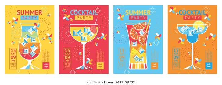 A set of flyers for a summer party with cocktails in glasses of various shapes. Stylish modern abstract background with alcoholic refreshing drinks for recreation and relaxation