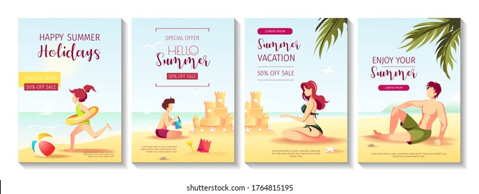 Set of flyers for summer sale with family on the beach. Mother, father and children sunbathing and playing on the seashore. Vector Illustration for special discount offer, advertising, commercial. 