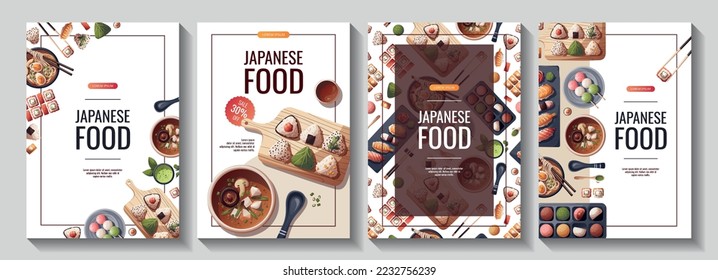 Set of flyers with Sushi, Miso soup, ramen, onigiri, dango, mochi, matcha tea. Japanese food, healthy eating, cooking, menu concept. Vector illustration. Banner, promo, flyer, advertising.