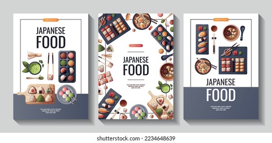 Set of flyers with Sushi, Miso soup, ramen, onigiri, dango, mochi, matcha tea. Japanese food, healthy eating, cooking, menu concept. Vector illustration. Banner, promo, flyer, advertising.