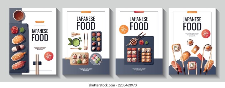 Set of flyers with Sushi, onigiri, dango, mochi, matcha tea. Japanese food, healthy eating, cooking, menu concept. Vector illustration. Banner, promo, flyer, advertising.