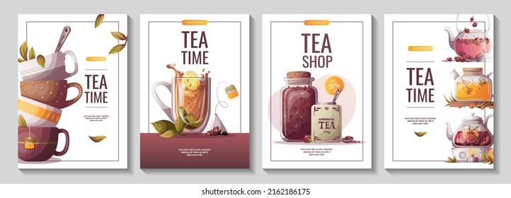 Set of flyers with teapots, jar of loose tea, teacups. Tea shop, break, cafe-bar, tea lover, tea party, beverages concept. A4 Vector illustration for poster, banner, flyer, menu, advertising. 